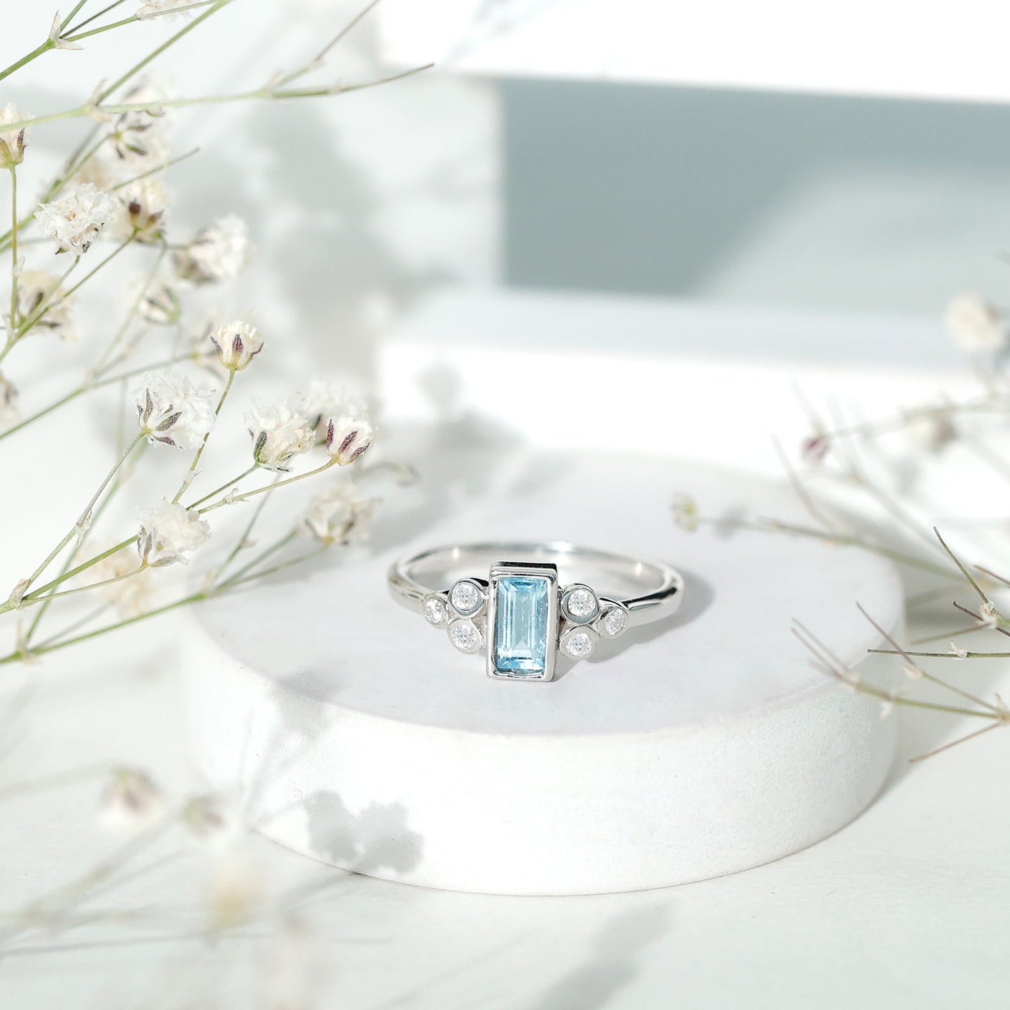 Sterling Silver Baguette Aquamarine Promise Ring with Moissanite Trio