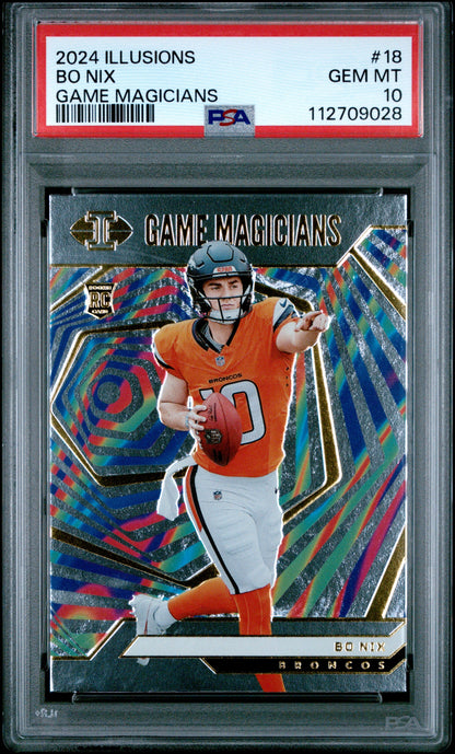 Graded 2024 Panini Illusions Bo Nix #18 Game Magicians Rookie RC Football Card PSA 10 Gem Mint