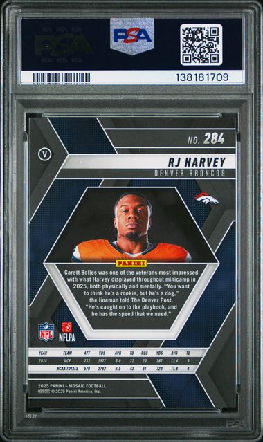 Graded 2025 Panini Mosaic RJ Harvey #284 Variation Rookie RC Football Card PSA 10 Gem Mint