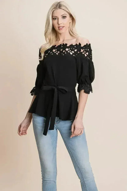 Lace Crochet Self Belted Off The Shoulder Tops with Back Zipper