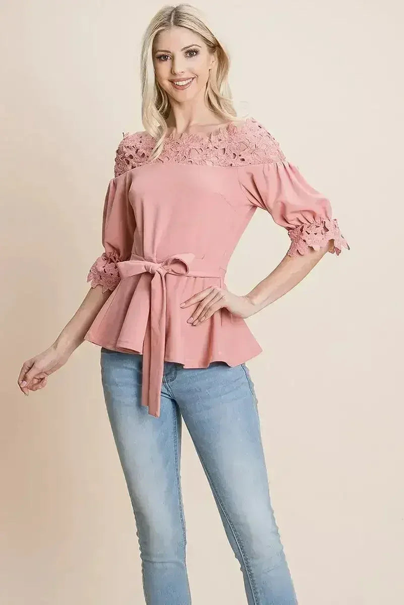 Lace Crochet Self Belted Off The Shoulder Tops with Back Zipper