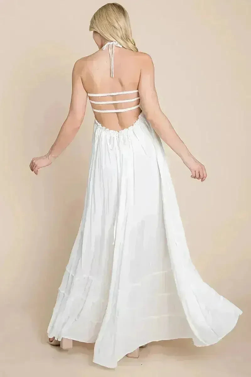 Smocked Flowy Boho Pleated Backless Maxi Dress