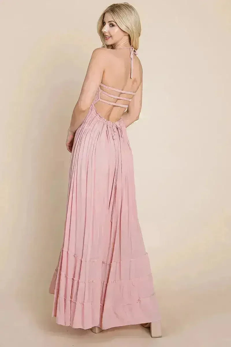 Smocked Flowy Boho Pleated Backless Maxi Dress