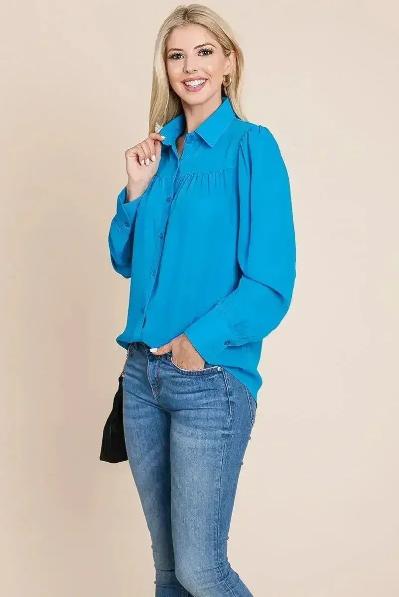 Collared Long Sleeve Pleated Detail Blouse Tops | Femstylo