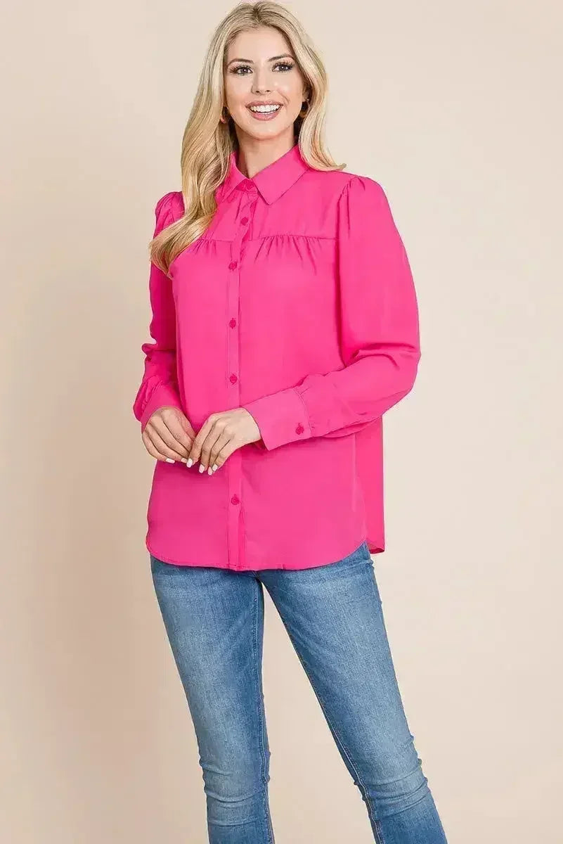Collared Long Sleeve Pleated Detail Blouse Tops | Femstylo