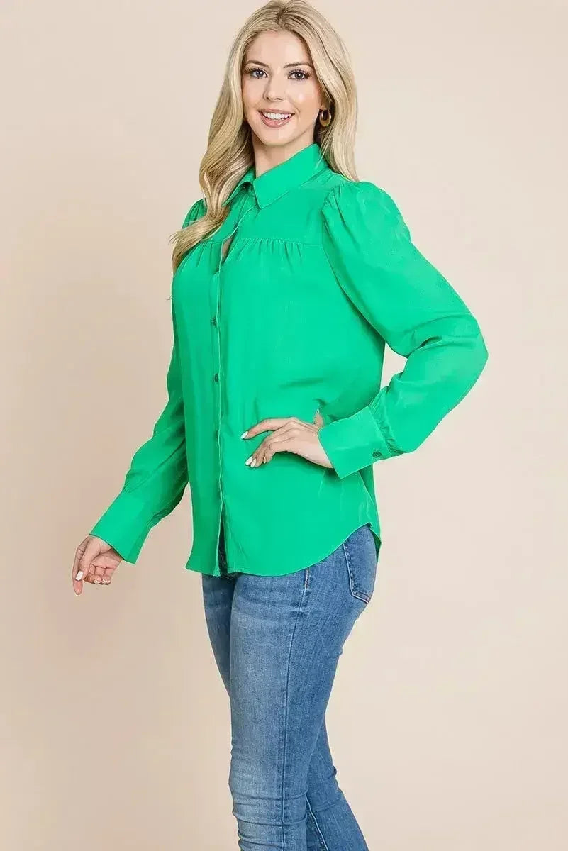 Collared Long Sleeve Pleated Detail Blouse Tops | Femstylo