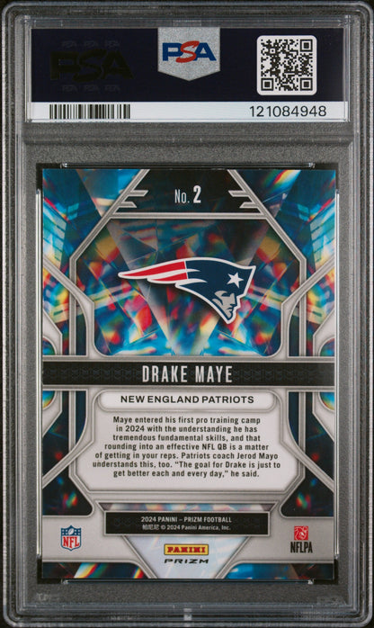 Graded 2024 Panini Prizm Drake Maye #2 Prizmatic Green Wave Rookie RC Football Card PSA 10 Gem Mint