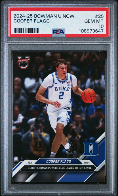 Graded 2024 Topps Bowman U Now Cooper Flagg #25 Star Freshman Powers Blue Devils to Top 5 Win Rookie RC Basketball Card PSA 10 Gem Mint