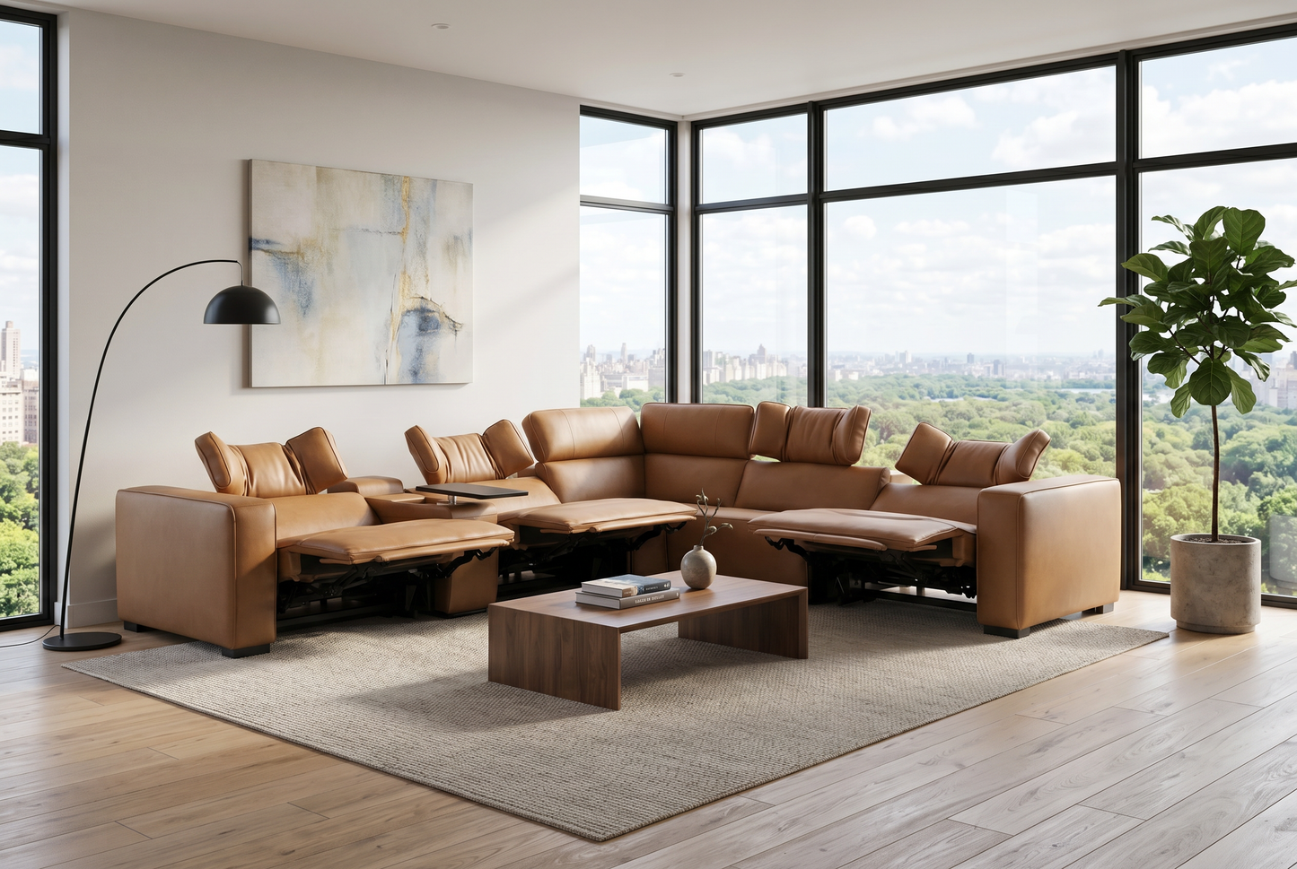 Rally Pro Caramel 6-Piece Power Reclining Sectional with Console and Immersive Sound System