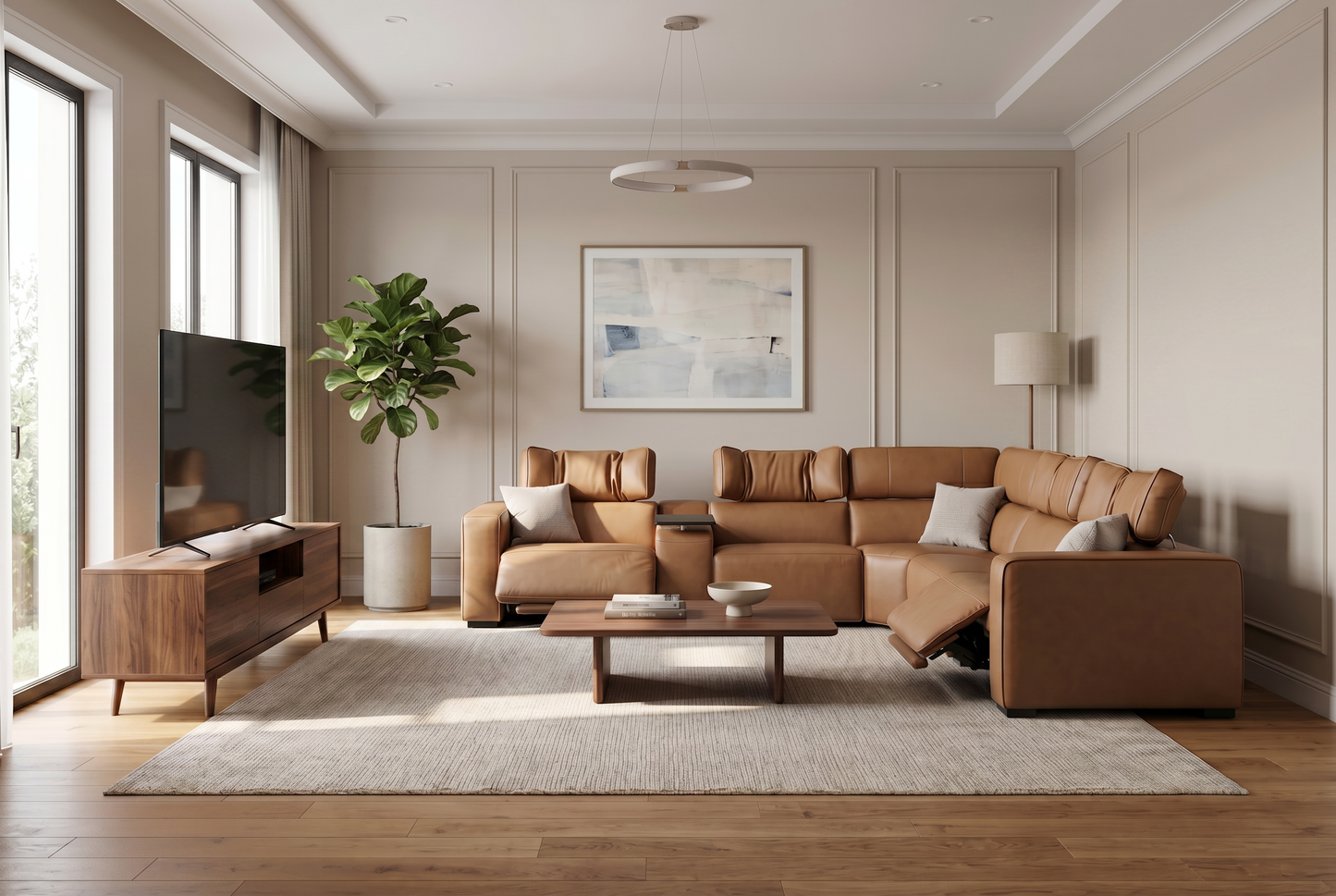 Rally Pro Caramel 6-Piece Power Reclining Sectional with Console and Immersive Sound System