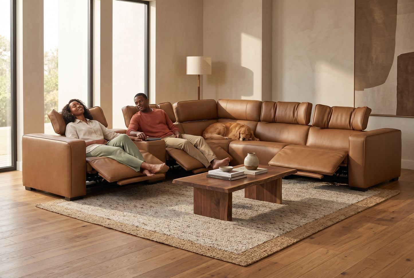 Rally Pro Caramel 6-Piece Power Reclining Sectional with Console and Immersive Sound System