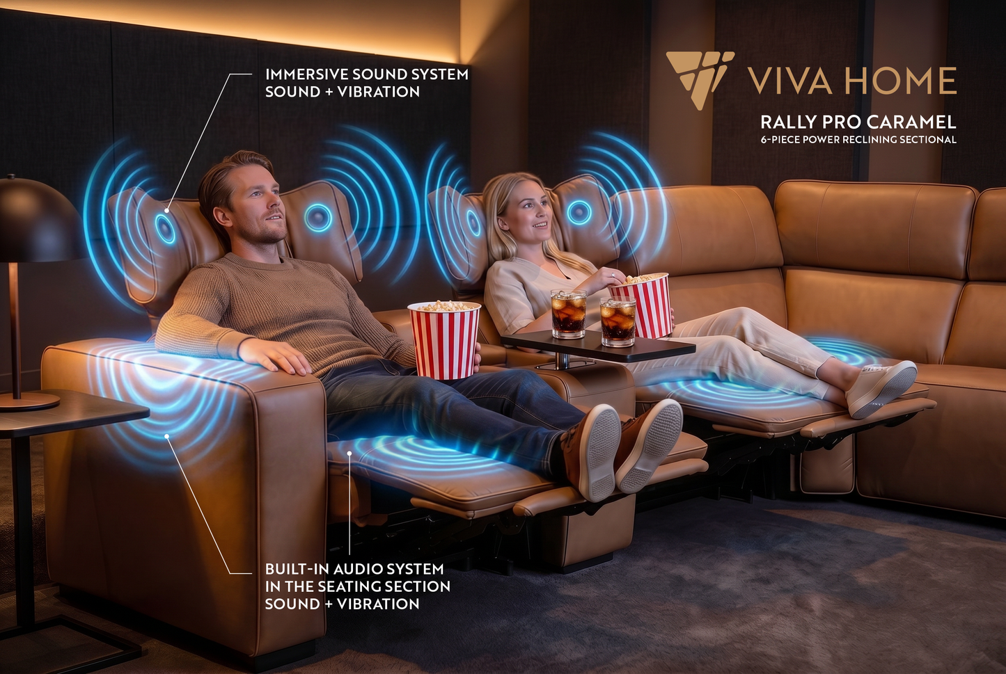 Rally Pro Caramel 6-Piece Power Reclining Sectional with Console and Immersive Sound System