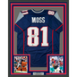 Framed Autographed/Signed Randy Moss 35x39 New England Blue Football Jersey Beckett BAS COA