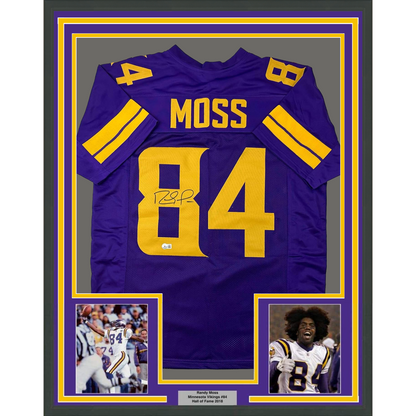 Framed Autographed/Signed Randy Moss 35x39 Minnesota Color Rush Purple Football Jersey Beckett BAS COA