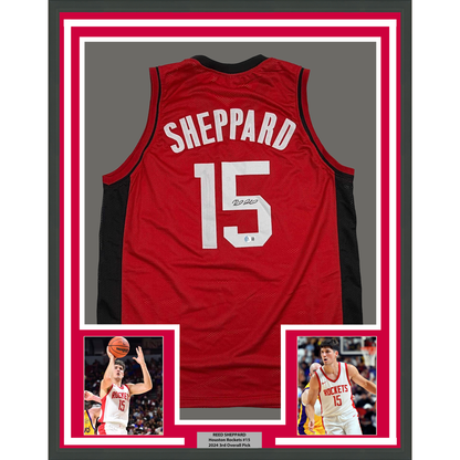 Framed Autographed/Signed Reed Sheppard 35x39 Houston Red Basketball Jersey Beckett BAS COA