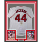 Framed Autographed/Signed Reggie Jackson 35x39 California Los Angeles White Baseball Jersey JSA COA