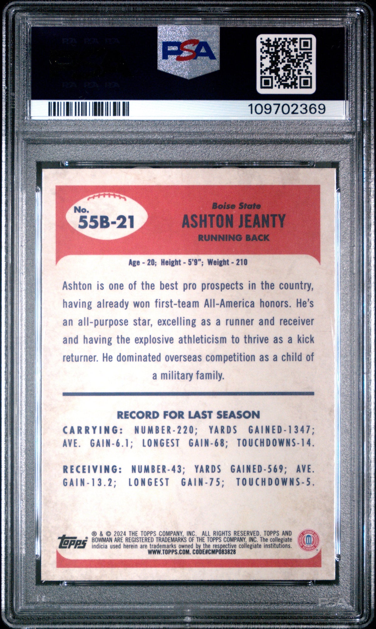 Graded 2024 Topps Bowman U Chrome Ashton Jeanty #55B21 1955 Bowman Rookie RC Football Card PSA 10 Gem Mint