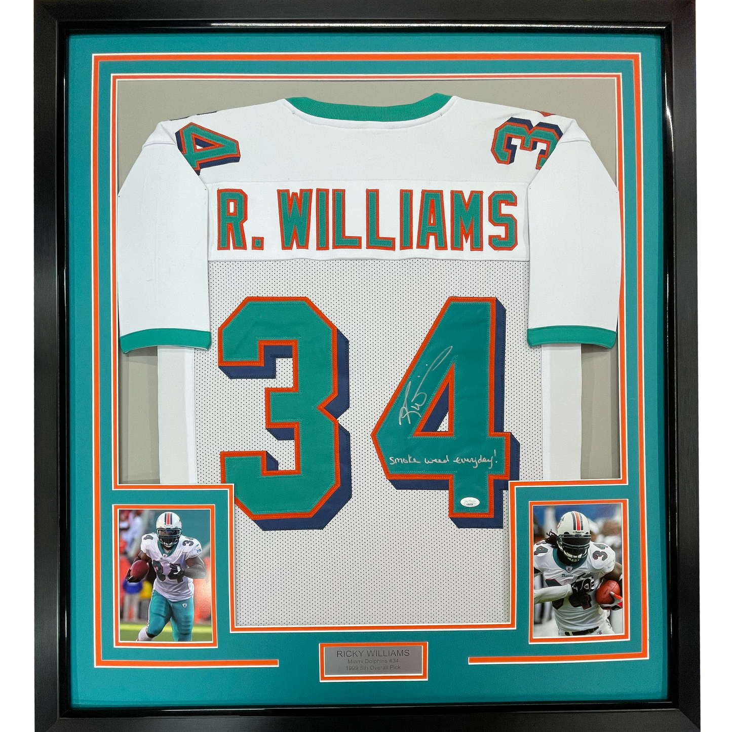 Framed Autographed/Signed Ricky Williams 35x39 Smoke Weed Everyday Inscribed Miami White Football Jersey JSA COA