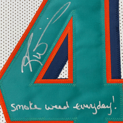 Framed Autographed/Signed Ricky Williams 35x39 Smoke Weed Everyday Inscribed Miami White Football Jersey JSA COA