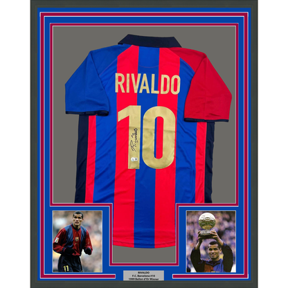 Framed Autographed/Signed Rivaldo 35x39 Ferreira FC Barcelona Blue Soccer Jersey Beckett BAS COA