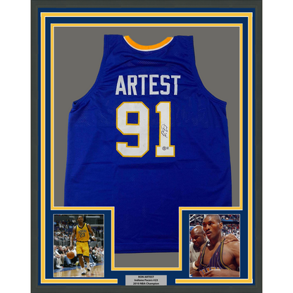 Framed Autographed/Signed Ron Artest Metta World Peace 35x39 Indiana Blue #91 Basketball Jersey Beckett BAS COA