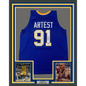 Framed Autographed/Signed Ron Artest Metta World Peace 35x39 Indiana Blue #91 Basketball Jersey Beckett BAS COA