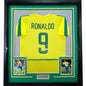 Framed Autographed/Signed Ronaldo Nazario 35x39 Brazil Yellow Soccer Jersey Beckett BAS COA