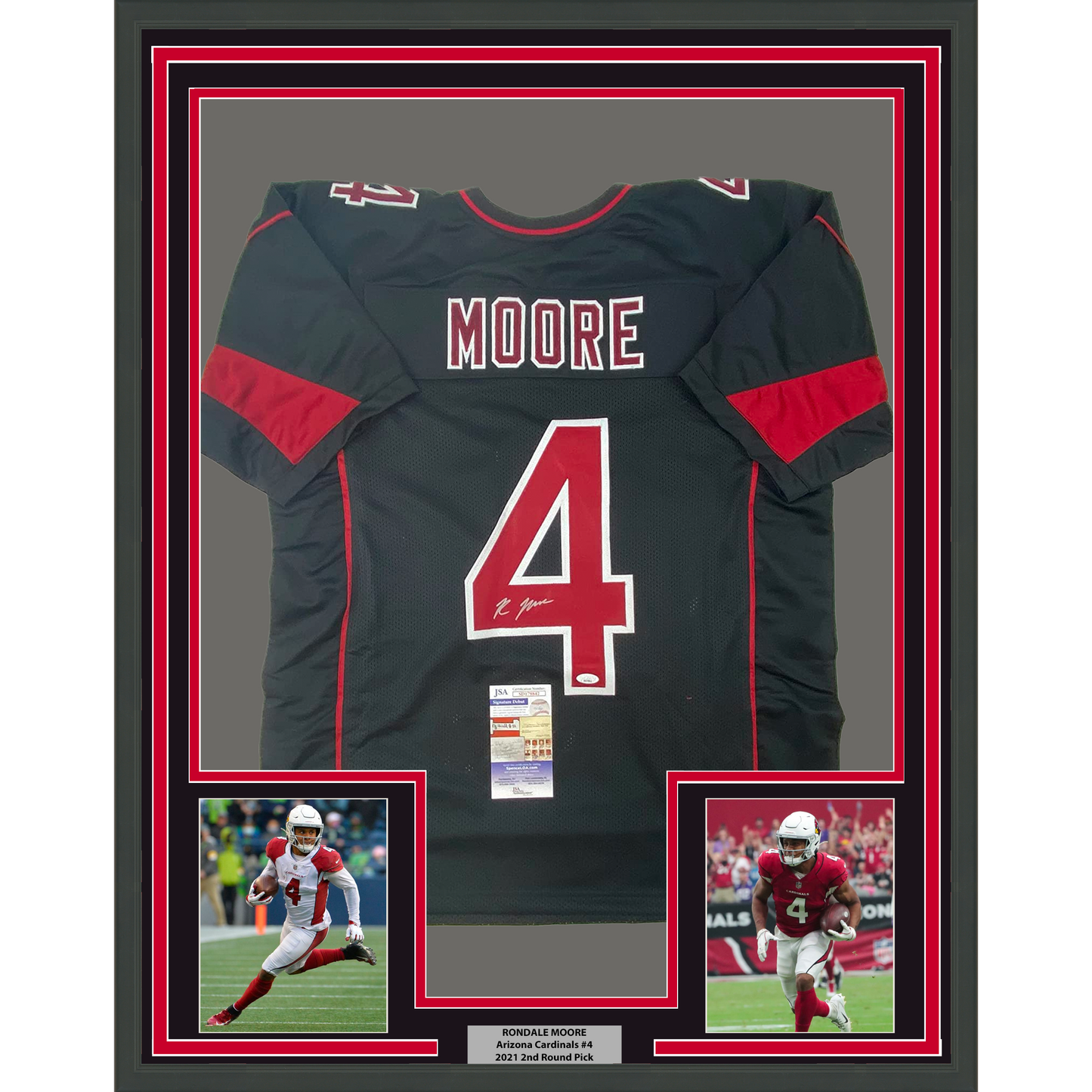 Framed Autographed/Signed Rondale Moore 35x39 Arizona Black Color Rush Football Jersey JSA COA