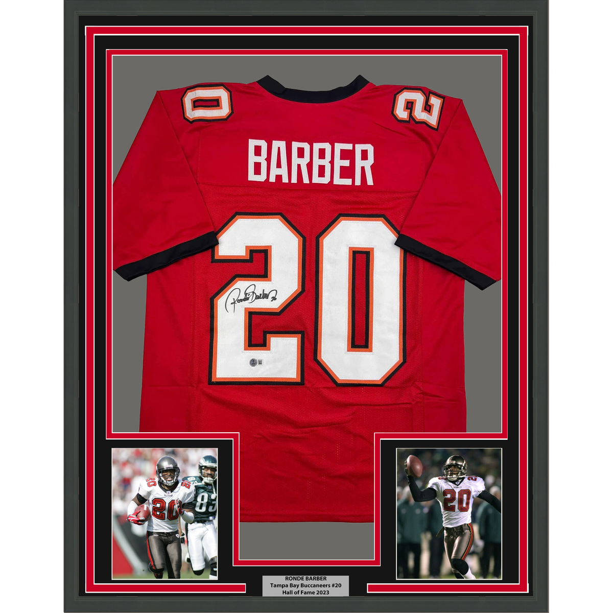 Framed Autographed/Signed Ronde Barber 35x39 Tampa Bay Red Football Jersey Beckett BAS COA
