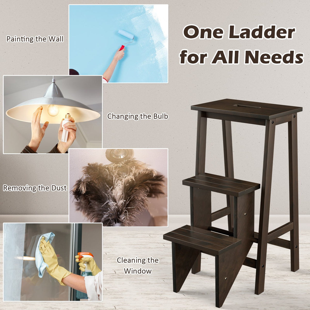 3-in-1 Rubber Wood 3 Tier Folding Step Stool Ladder Storage Shelf-Brown
