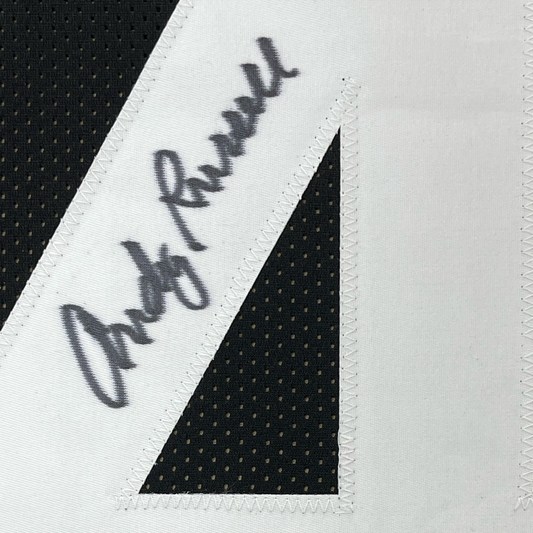 Framed Autographed/Signed Andy Russell 2x Super Bowl Champs 35x39 Pittsburgh Black Football Jersey JSA COA