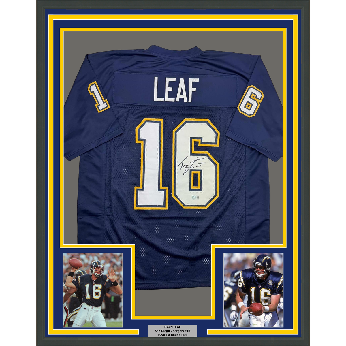 Framed Autographed/Signed Ryan Leaf 35x39 San Diego Dark Blue Football Jersey Beckett BAS COA