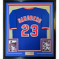 Framed Autographed/Signed Ryne Sandberg 35x39 HOF 05 Chicago Blue Baseball Jersey JSA COA