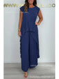 Summer Solid Casual Holiday Two Piece Sets Elegant Women Pleated Irregular O Neck Sleeveless Top + Wide-leg Pants Loose Outfits