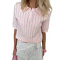 Elegant Women's Summer Hollow Out Knit Tops Short Sleeve Turn Down Collar Solid Color Cutout T-shirt