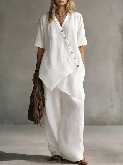 Women's Fashion Casual Solid Color V-Neck Loose Short Sleeve Top and