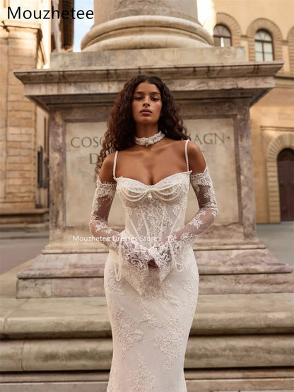 Mouzhetee Mermaid Elegant Pearls Lace Strapless Wedding Dresses Simple Sleeveless Brides Gown Custom Made 2026