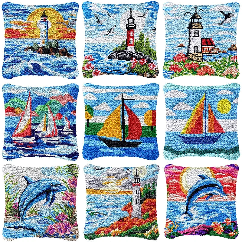 Lighthouse Sailing Latch Hook Set Embroidery Latch Hook Kit Marine Animals Latch Hook Pillow Set Button Pad Package Handmade DIY