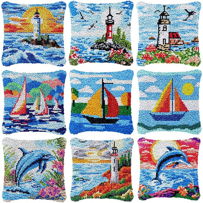 Lighthouse Sailing Latch Hook Set Embroidery Latch Hook Kit Marine Animals Latch Hook Pillow Set Button Pad Package Handmade DIY