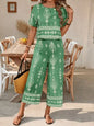 Women's Retro Ethnic Print Two-Piece Set Casual Short-Sleeved Top with 3/4 Length Pants Suit
