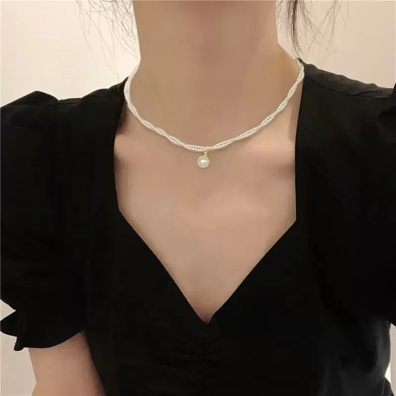 New Women's Fashion Pearl Necklace French Vintage Pearl Necklace Double Lock Bone Chain Collar Jewelry Accessories