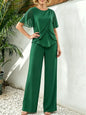 Women's Casual Pants Set Chiffon Breathable Solid Color Round Neck Short Sleeve Loose Irregular Top + Wide-leg Pants 2-piece Set
