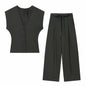 Women Fashion 2-Piece Set Single-breasted Sleeveless V-Neck Pinstripe Vest+Summer Pleated Loose Pocket Belt Zipper Pants