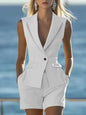 Elegant Women Solid Sleeveless Suit Vest Two Piece Sets Summer Casual Lapel Button Top And Shorts Party Lady Slim Suit Outfits