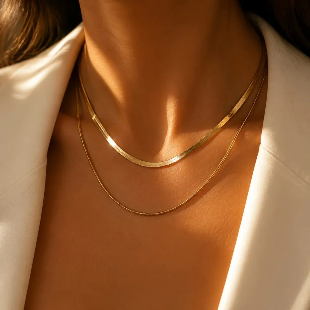 2-Piece Set of Snake Bone Chains, Simple and Stylish Casual 304L Stainless Steel Double-Layered Necklaces, Unisex, Fashionable and Elegant, Comfortable and Versatile