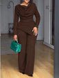 Fashion Solid Set For Women Casual Long Sleeve Pile Collar Slim Tops+High Waist Wide Leg Pants 2 Piece Sets Lady Office Clothes