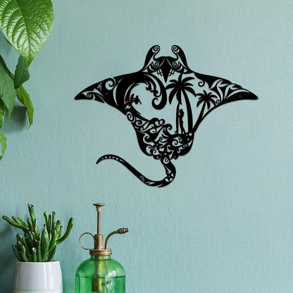 Coastal Charm Metal Manta Ray Wall Art - Beach-Themed Decor With Surfboard, Waves, Iron Art, Wall decoration, Wall Sticker