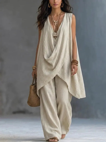 Women Holiday Blouse Pant Suits Summer Sexy V Neck Sleeveless Loose Asymmetrical Blouse Tops&Wide Leg Full Trouser Sets