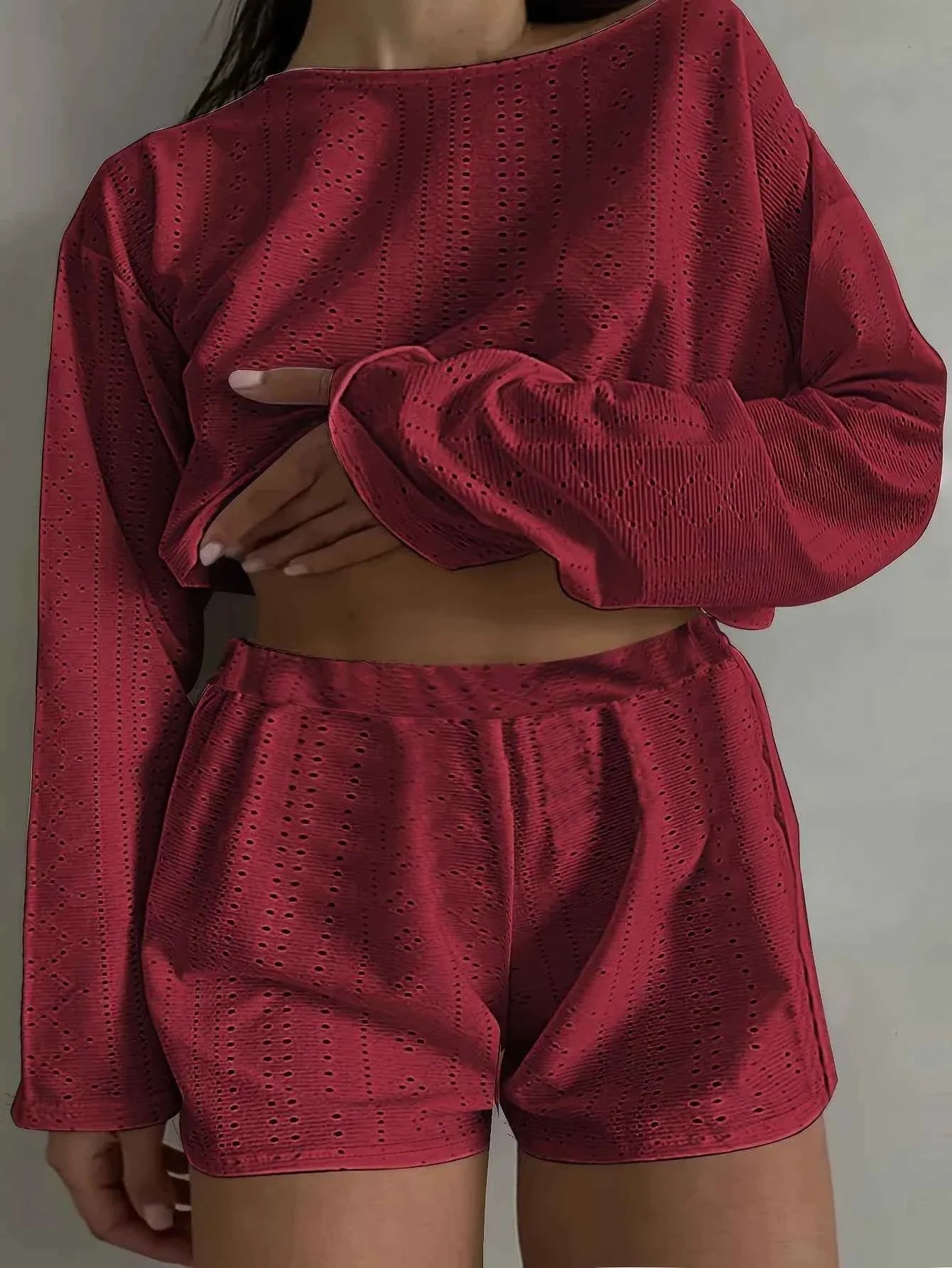 Plus Size Eyelet Long Sleeve Shorts Set