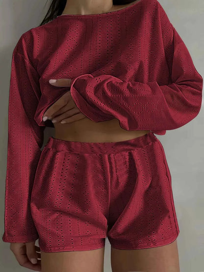 Plus Size Eyelet Long Sleeve Shorts Set